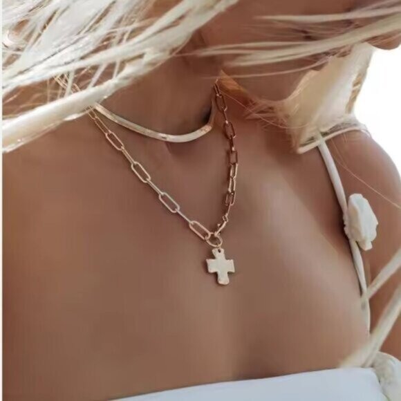 Jewelry - Cross Pendant Necklace Waterproof Chunky Gold Cross Necklace Layering Necklace
